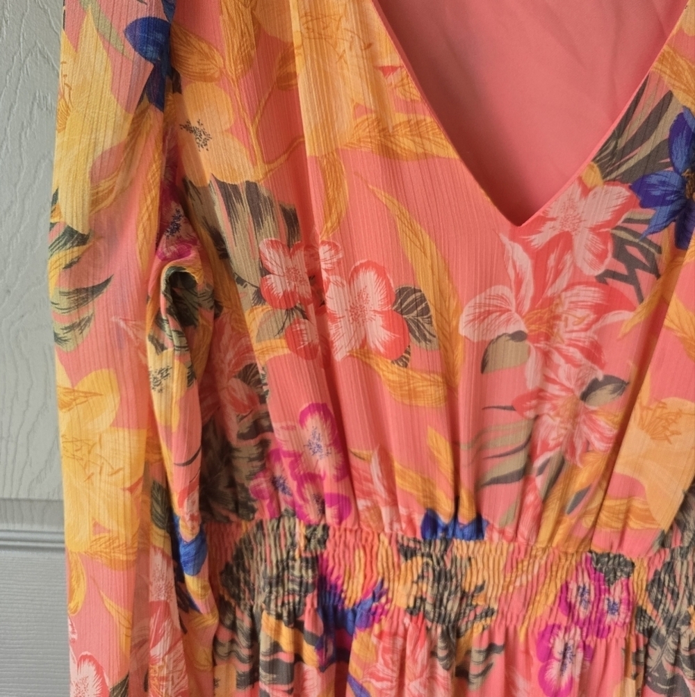 Anne Klein Floral Dress Sz 14 Women Long Sleeve Tiered Smocked Waist Fit Flare - Picture 8 of 15